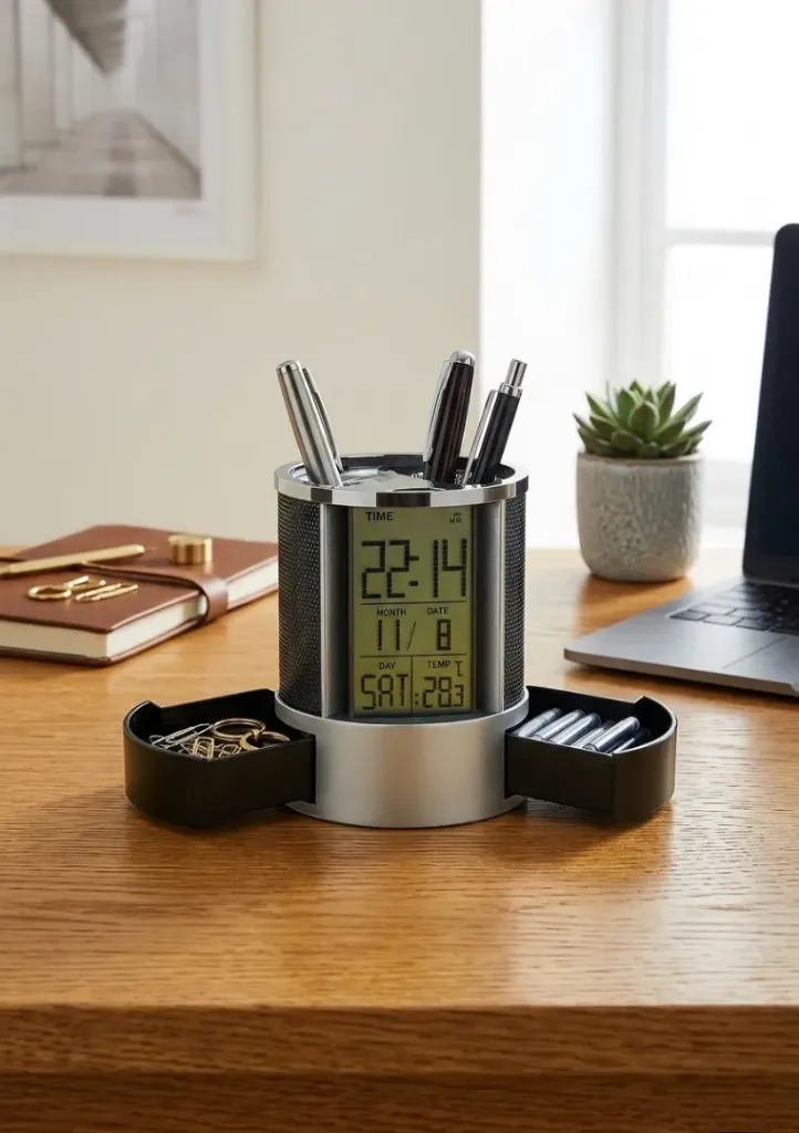 🕰️ Multifunctional Digital Desk Organizer & Pen Holder