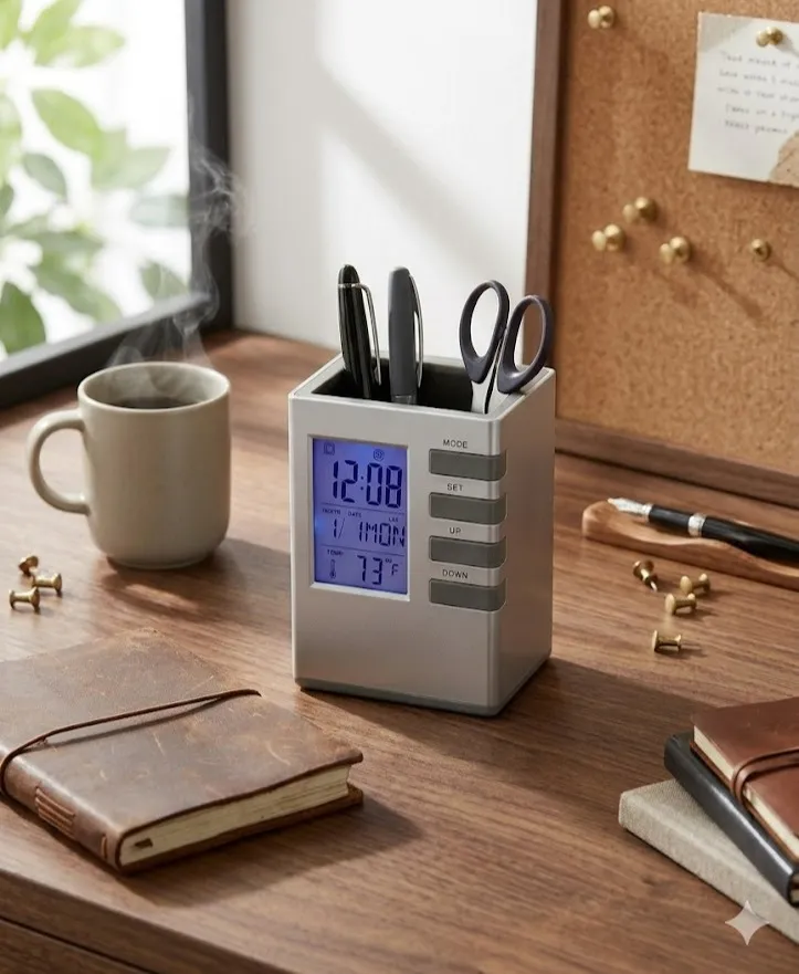 3-in-1 Digital Desk Organizer: LCD Alarm Clock, Thermometer & Stationery Holder 🖋️⏰