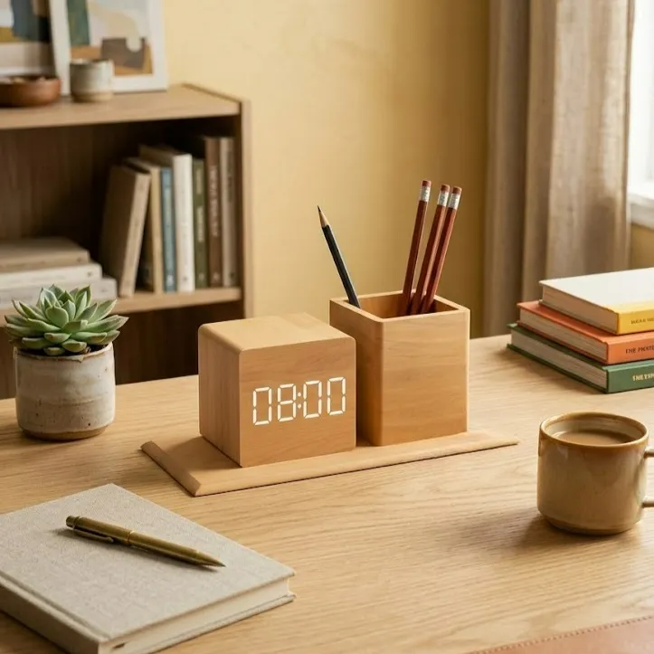 ✨ Minimalist Wooden Desk Organizer with Digital LED Clock & Pen Holder 🪵⏰