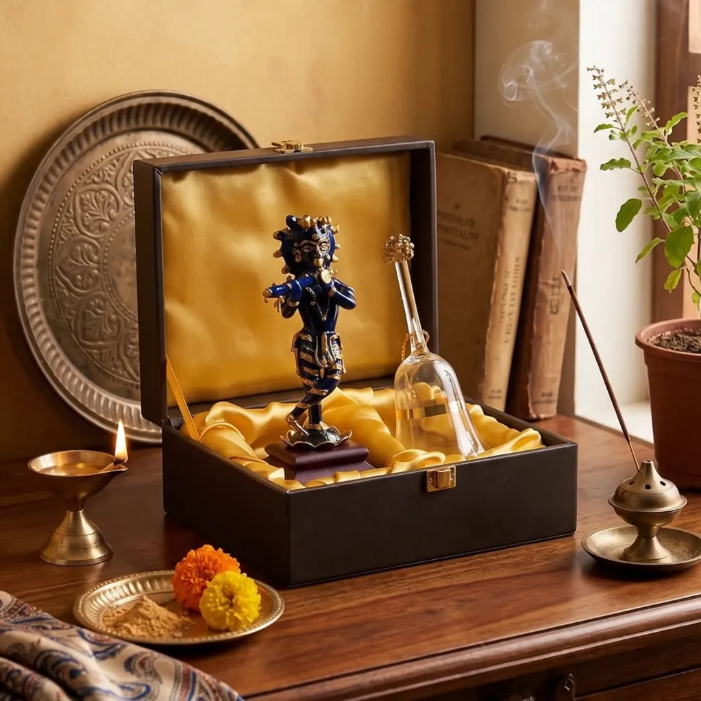 Divine Krishna Figurine & Handcrafted Glass Bell Gift Set 🪈✨