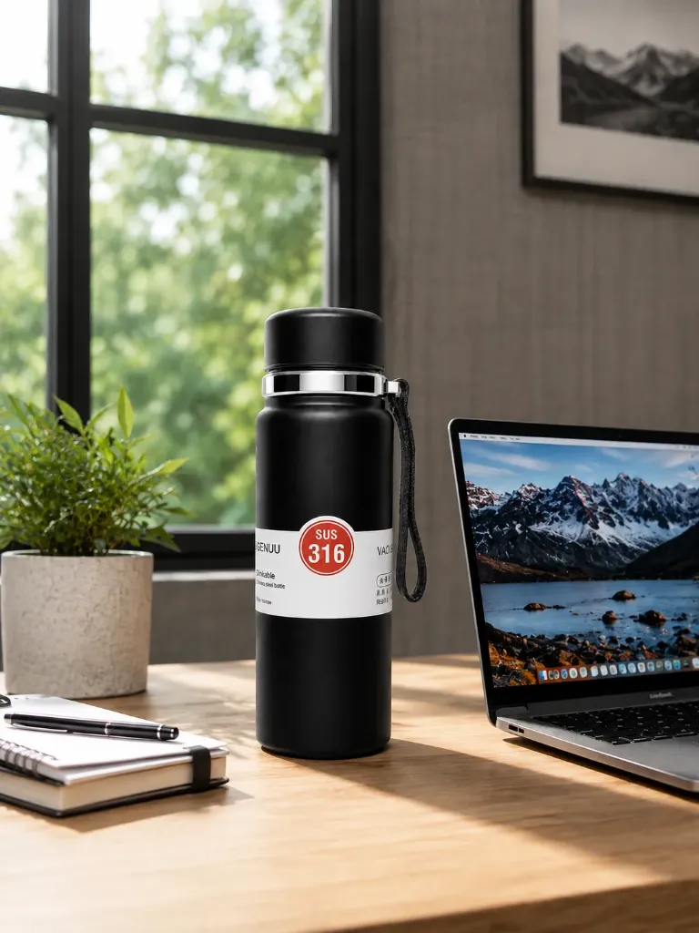 Premium 316 Stainless Steel Vacuum Insulated Water Bottle with Strap – Leakproof Travel Flask (Black)