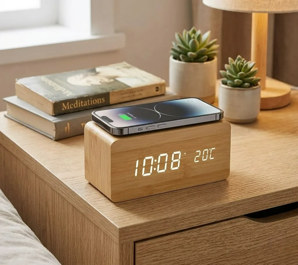 Wooden Digital Alarm Clock with Qi Wireless Charging & Temperature Display